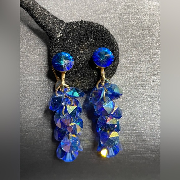 Blue Rivoli Cut Rhinestones Above Blue Dangling AB Discs Clip On Earrings 1968 - Picture 1 of 6